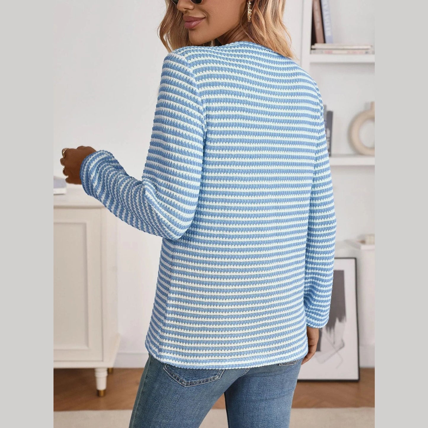 Erika Blue Notch Neck Quarter Button Top