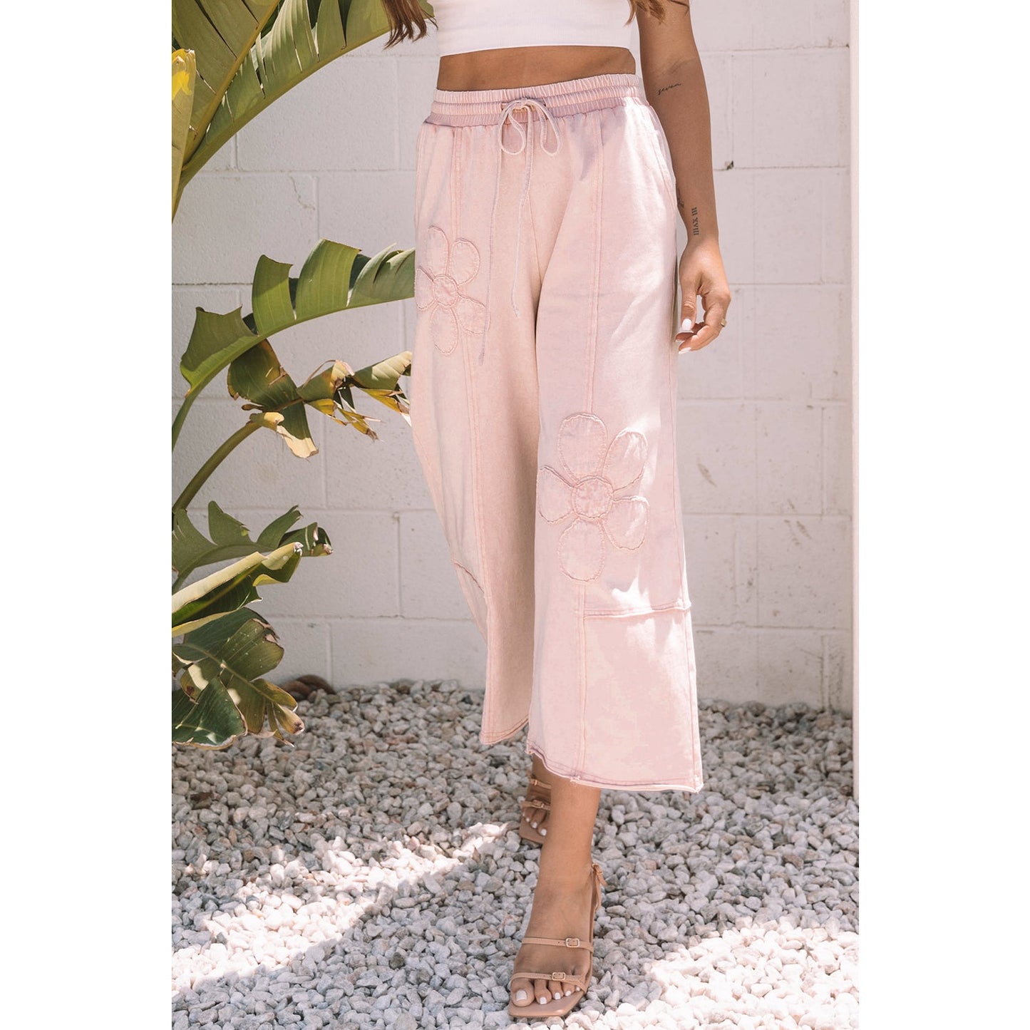Erina Pink Flower Patch Mineral Washed Terry Knit Cropped Wide Leg Pants