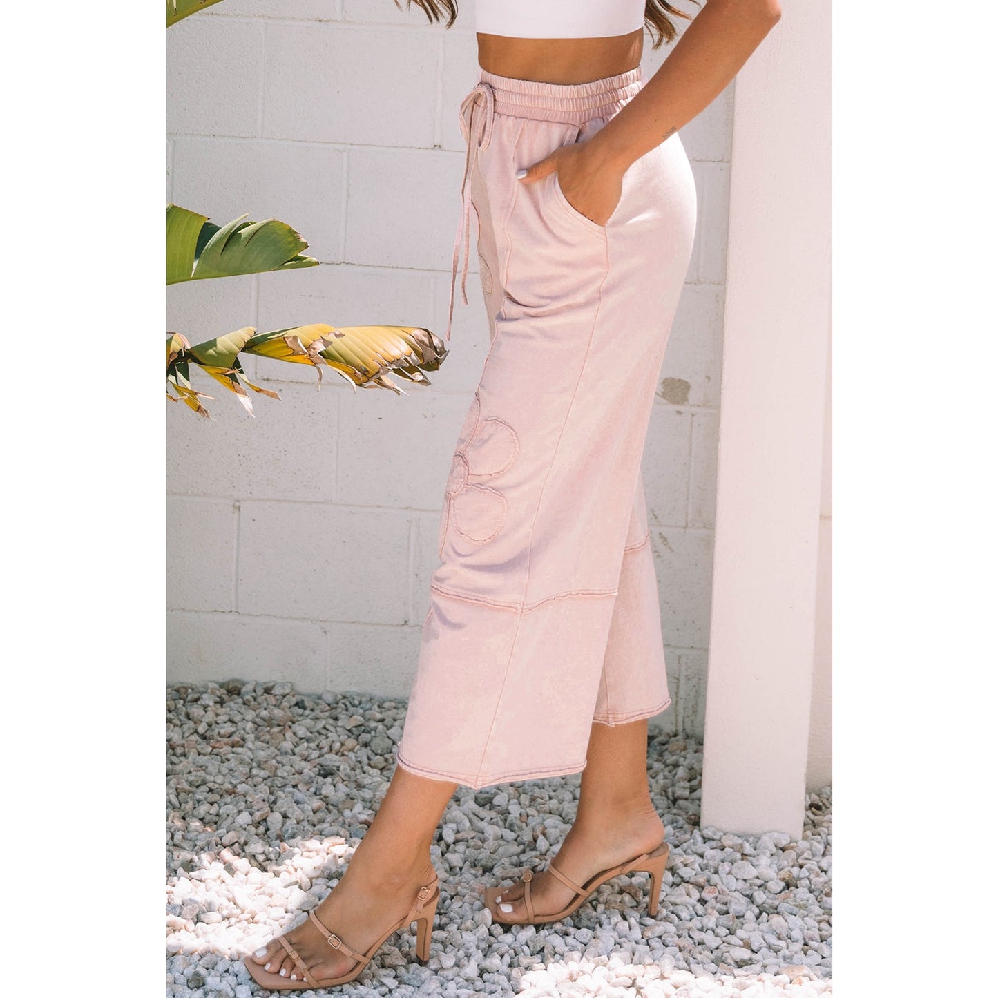 Erina Pink Flower Patch Mineral Washed Terry Knit Cropped Wide Leg Pants