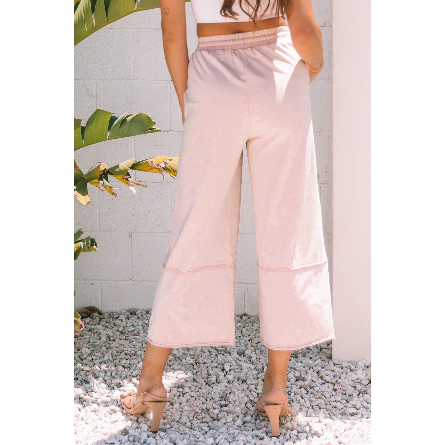 Erina Pink Flower Patch Mineral Washed Terry Knit Cropped Wide Leg Pants