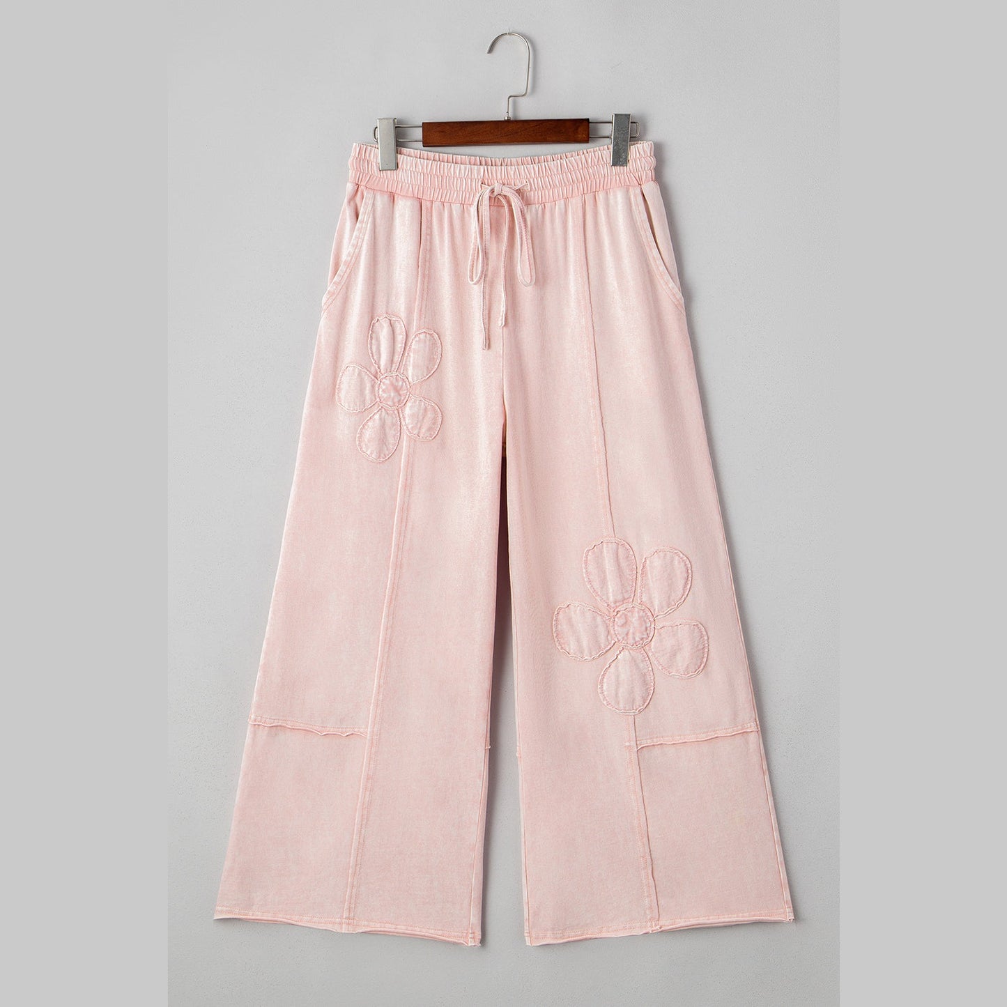 Erina Pink Flower Patch Mineral Washed Terry Knit Cropped Wide Leg Pants