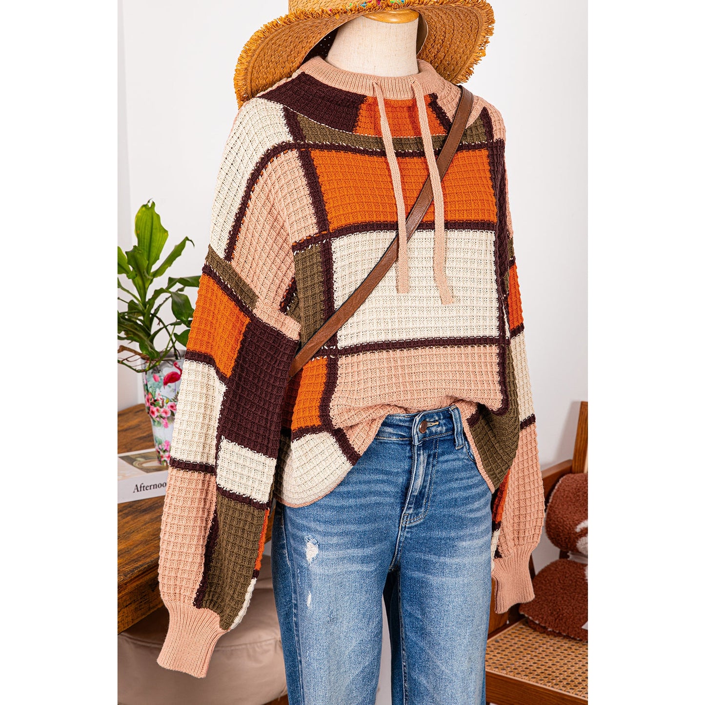 Eryn Orange Color Block Waffle Knit Drawstring Mock Neck Sweater