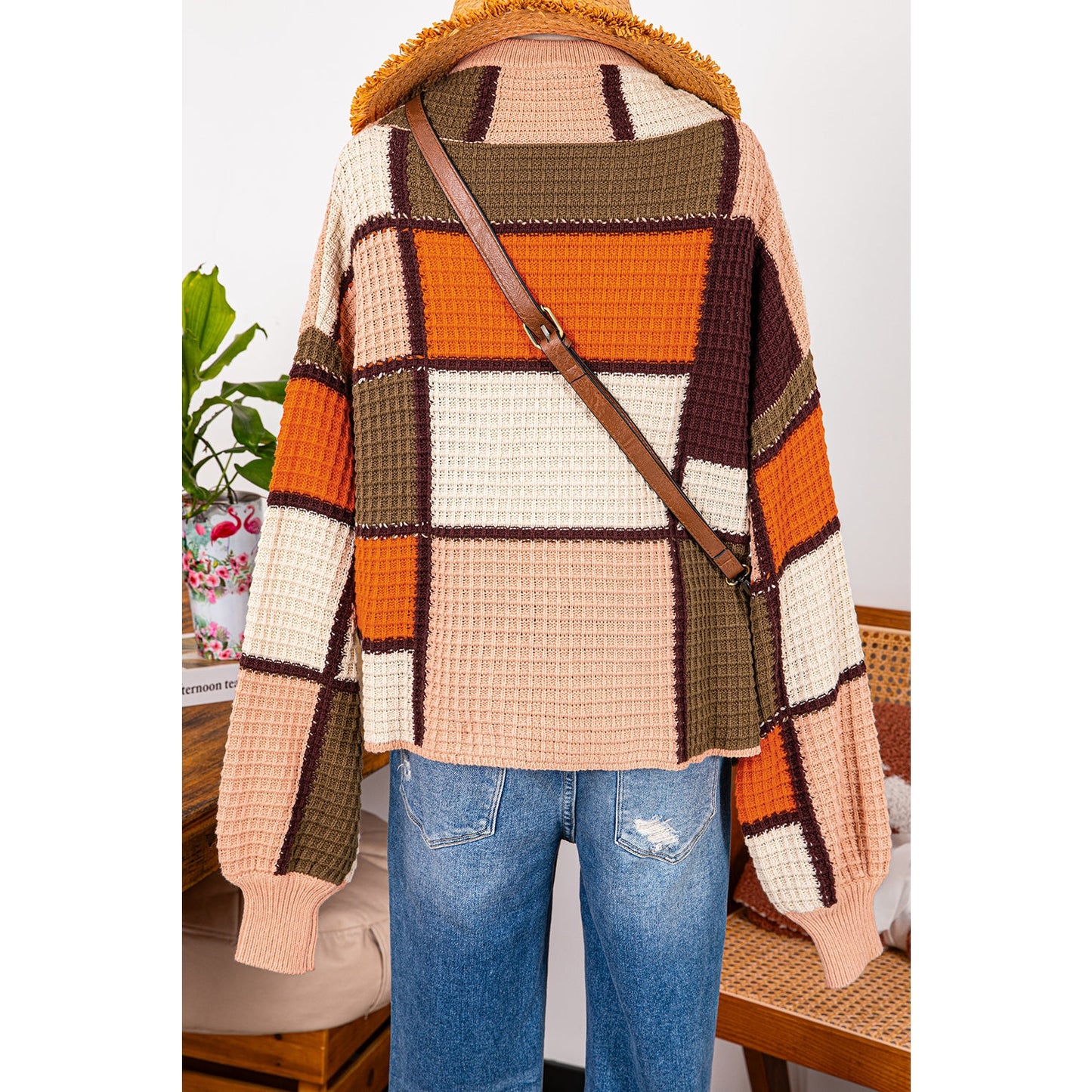 Eryn Orange Color Block Waffle Knit Drawstring Mock Neck Sweater