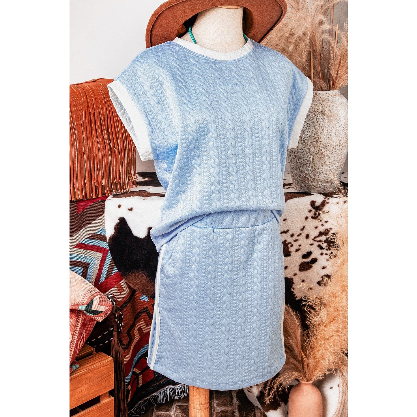 Evyn Beau Blue Contrast Trim Textured Crewneck Tee and Pocketed Skirt Set