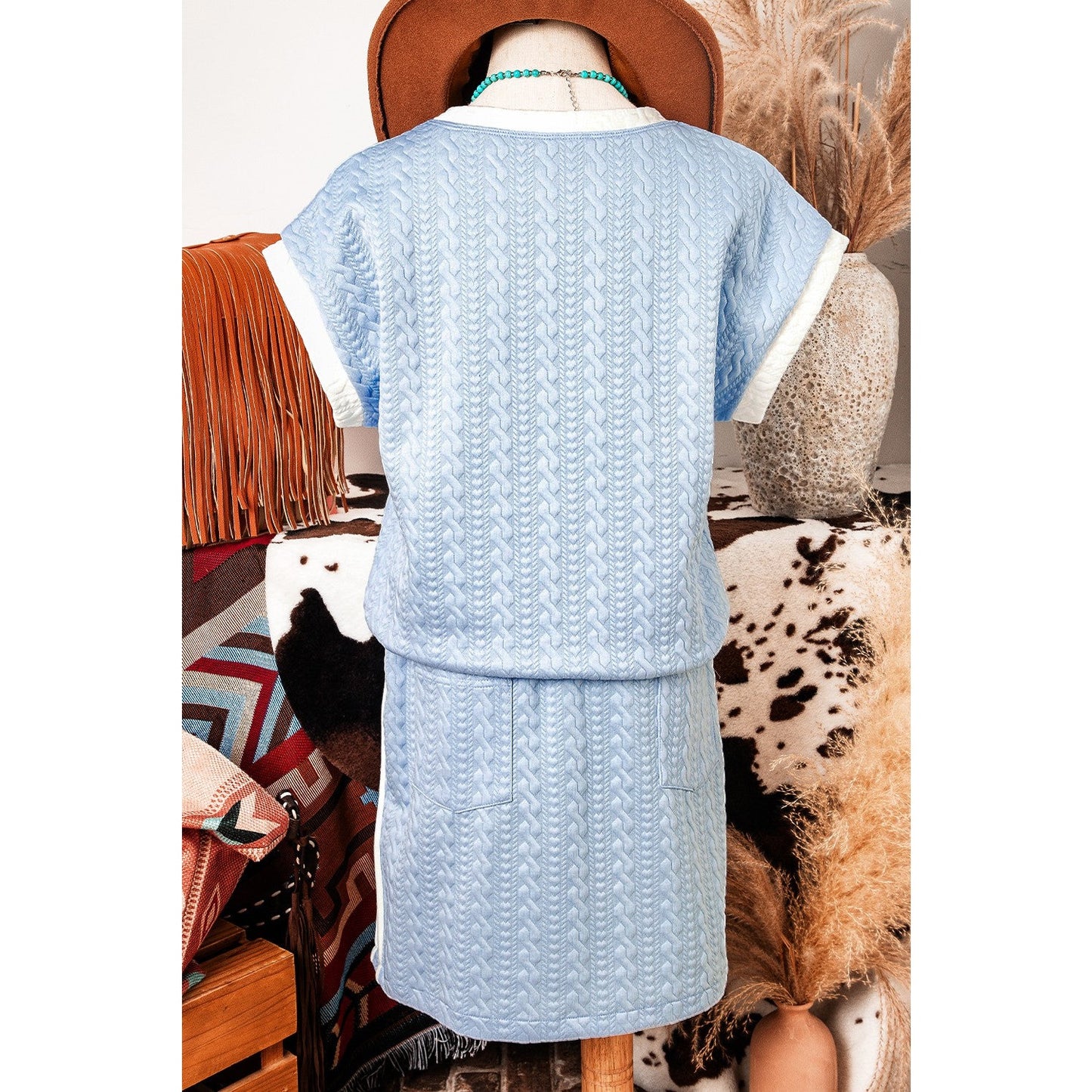 Evyn Beau Blue Contrast Trim Textured Crewneck Tee and Pocketed Skirt Set