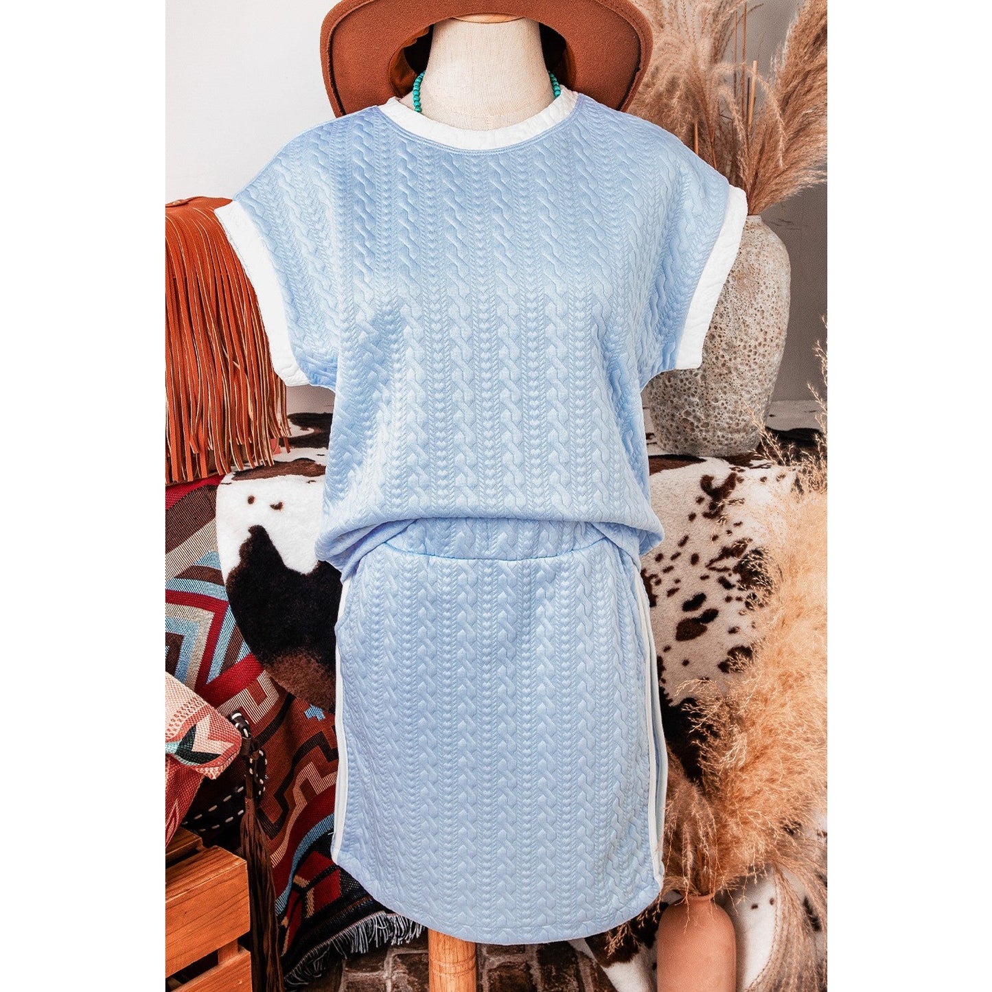 Evyn Beau Blue Contrast Trim Textured Crewneck Tee and Pocketed Skirt Set