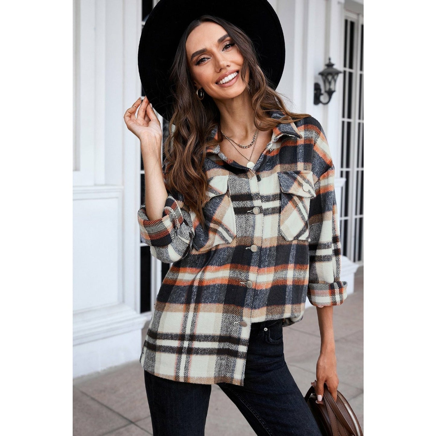 Fawna Navy Geometric Plaid Print Pocketed Shirt