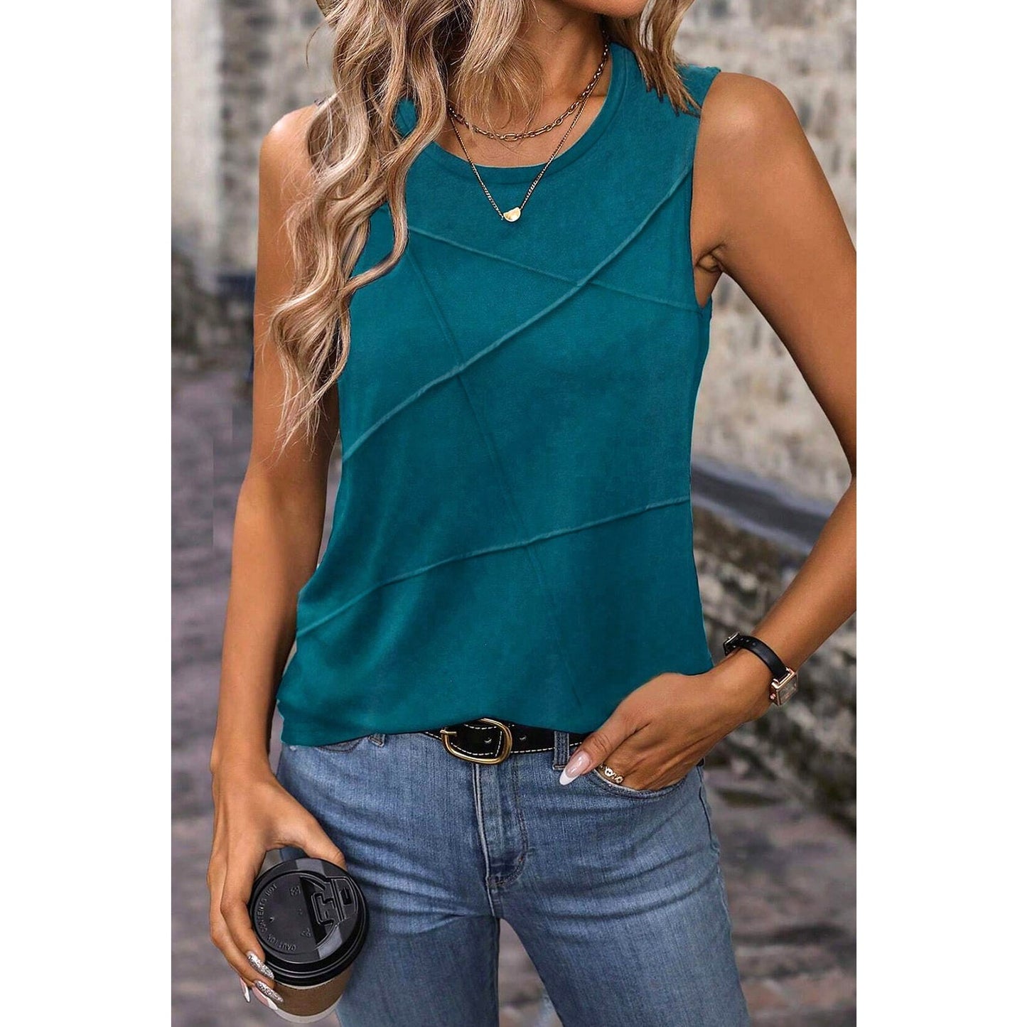 Finley Blue Sapphire Solid Color Stitching Detail Round Neck Tank Top