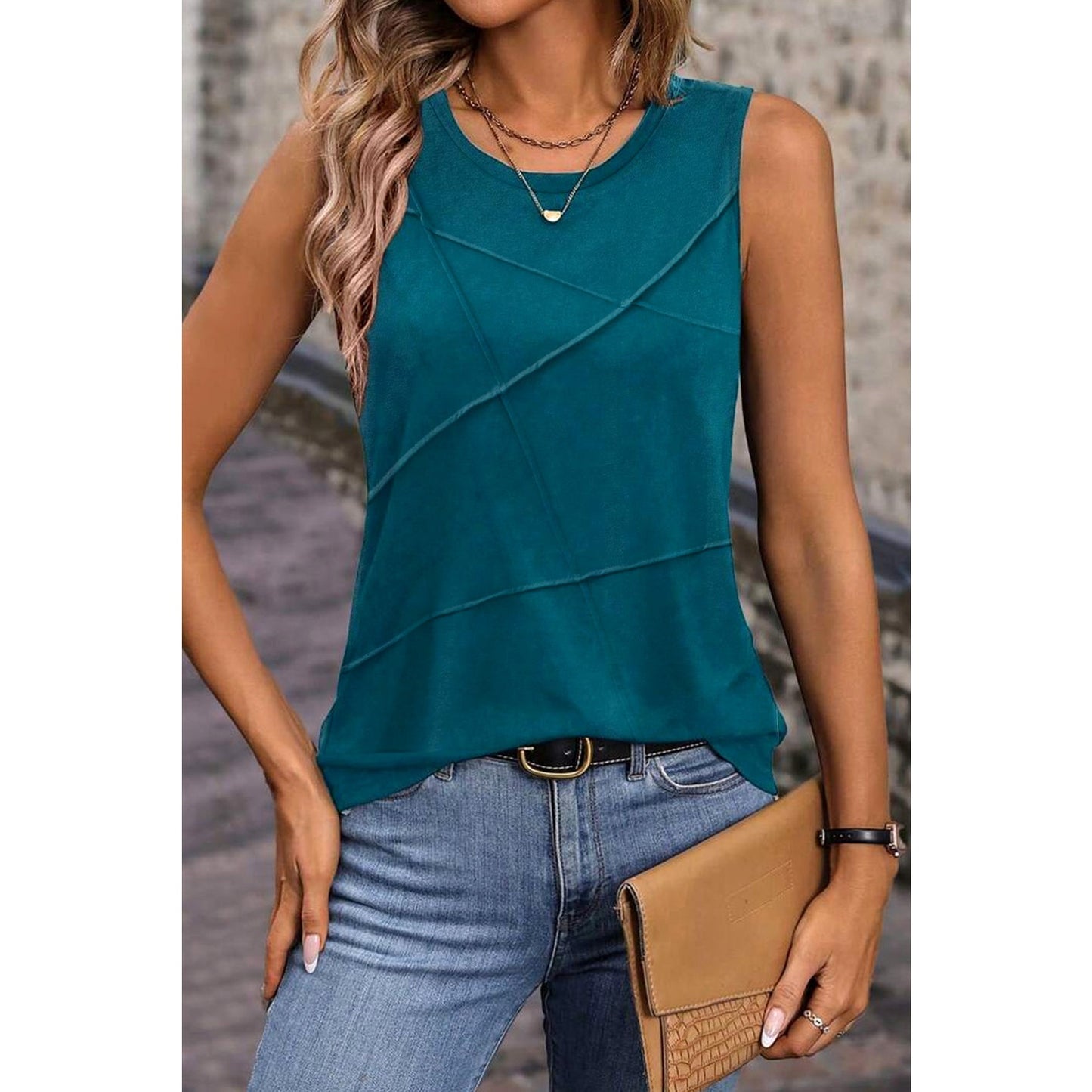 Finley Blue Sapphire Solid Color Stitching Detail Round Neck Tank Top