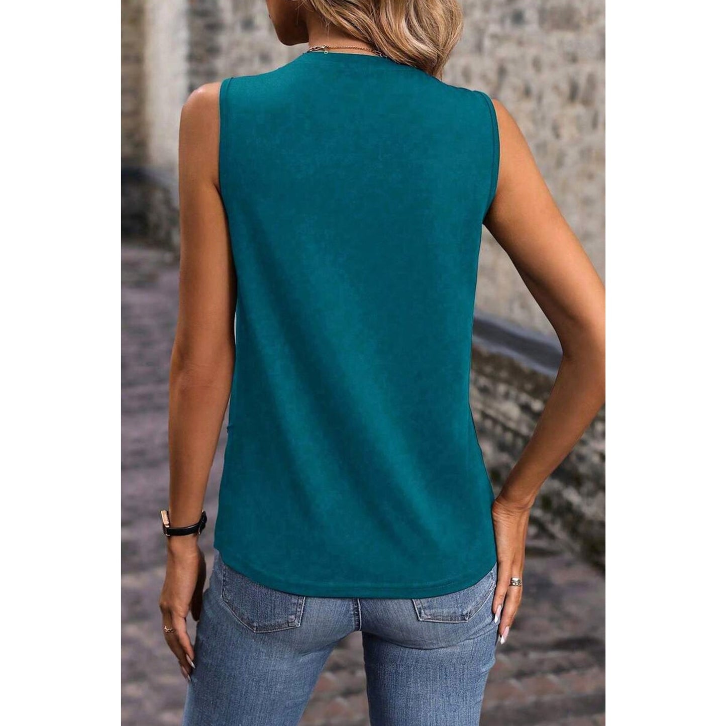 Finley Blue Sapphire Solid Color Stitching Detail Round Neck Tank Top