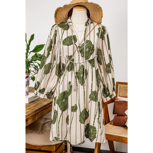 RTS Moraga Guacamole Green Floral Striped Print Contrast Piping Puff Sleeve Dress