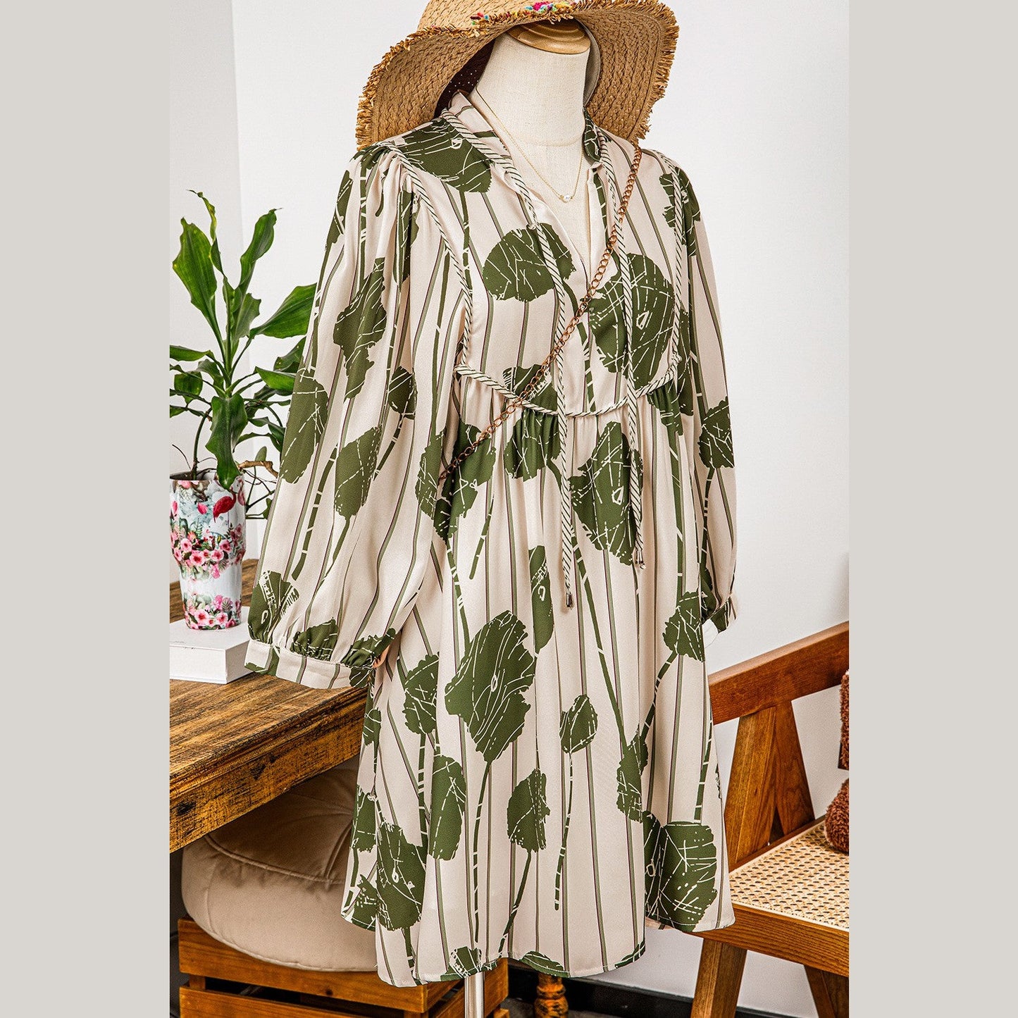 RTS Moraga Guacamole Green Floral Striped Print Contrast Piping Puff Sleeve Dress