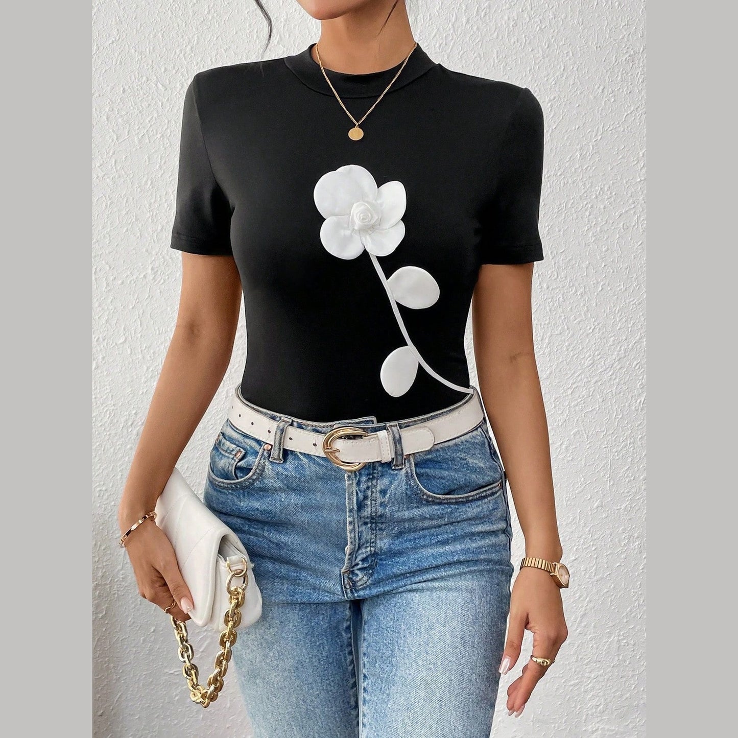 3D Floral Black Slim Short Sleeve T-shirt