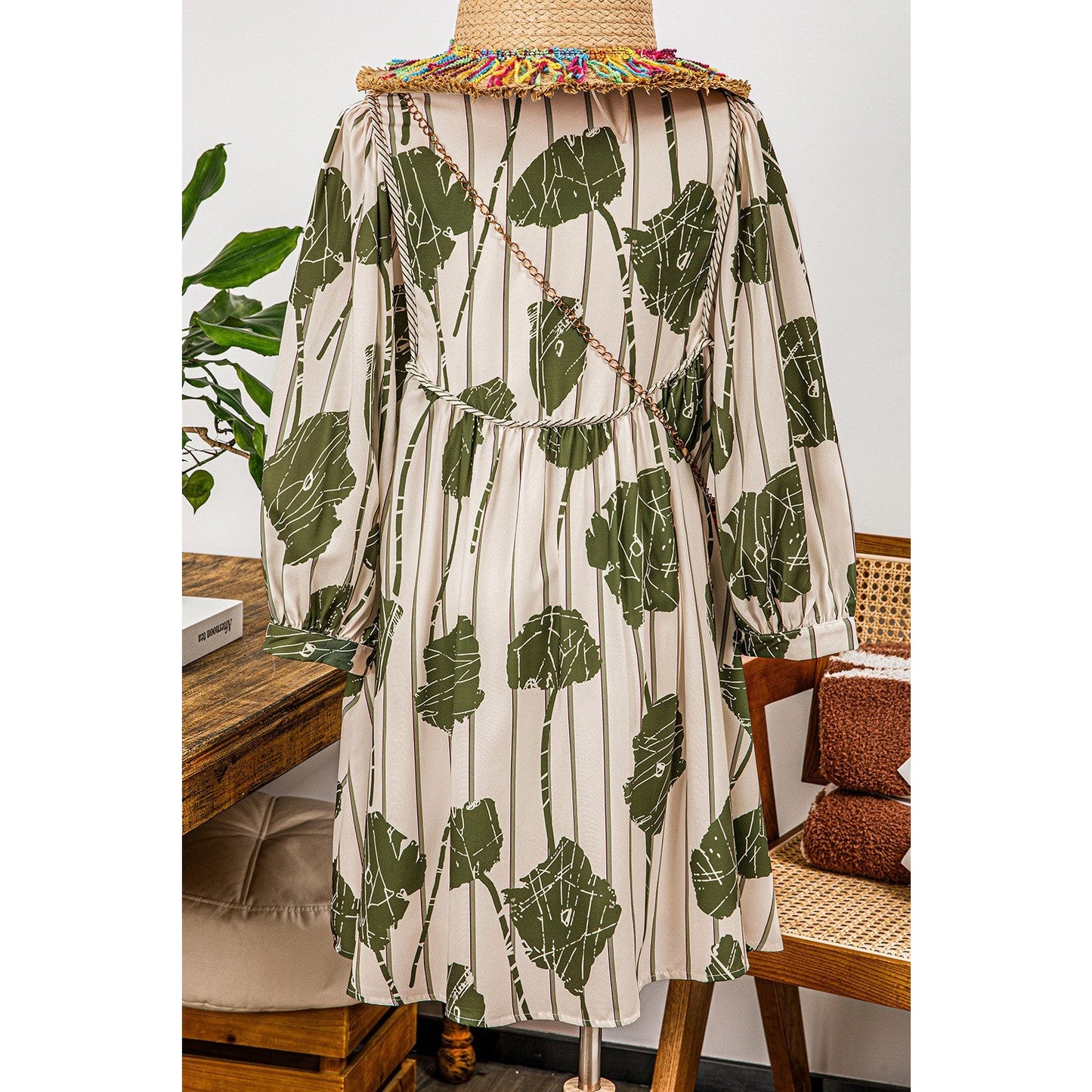 RTS Moraga Guacamole Green Floral Striped Print Contrast Piping Puff Sleeve Dress