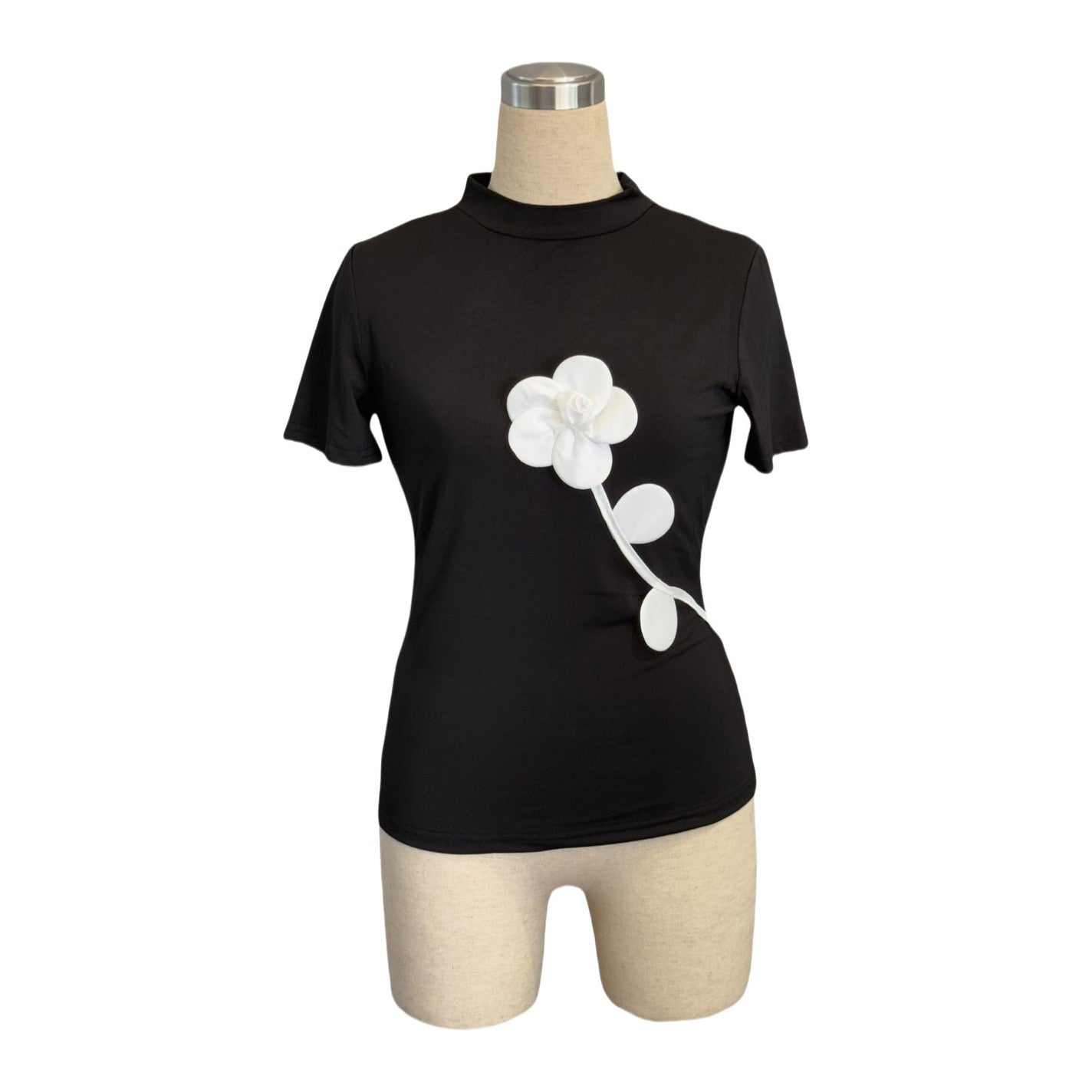 3D Floral Black Slim Short Sleeve T-shirt