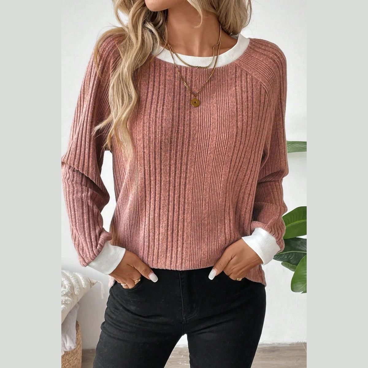 Fritza Coral Crew Neck Ribbed Knit Top