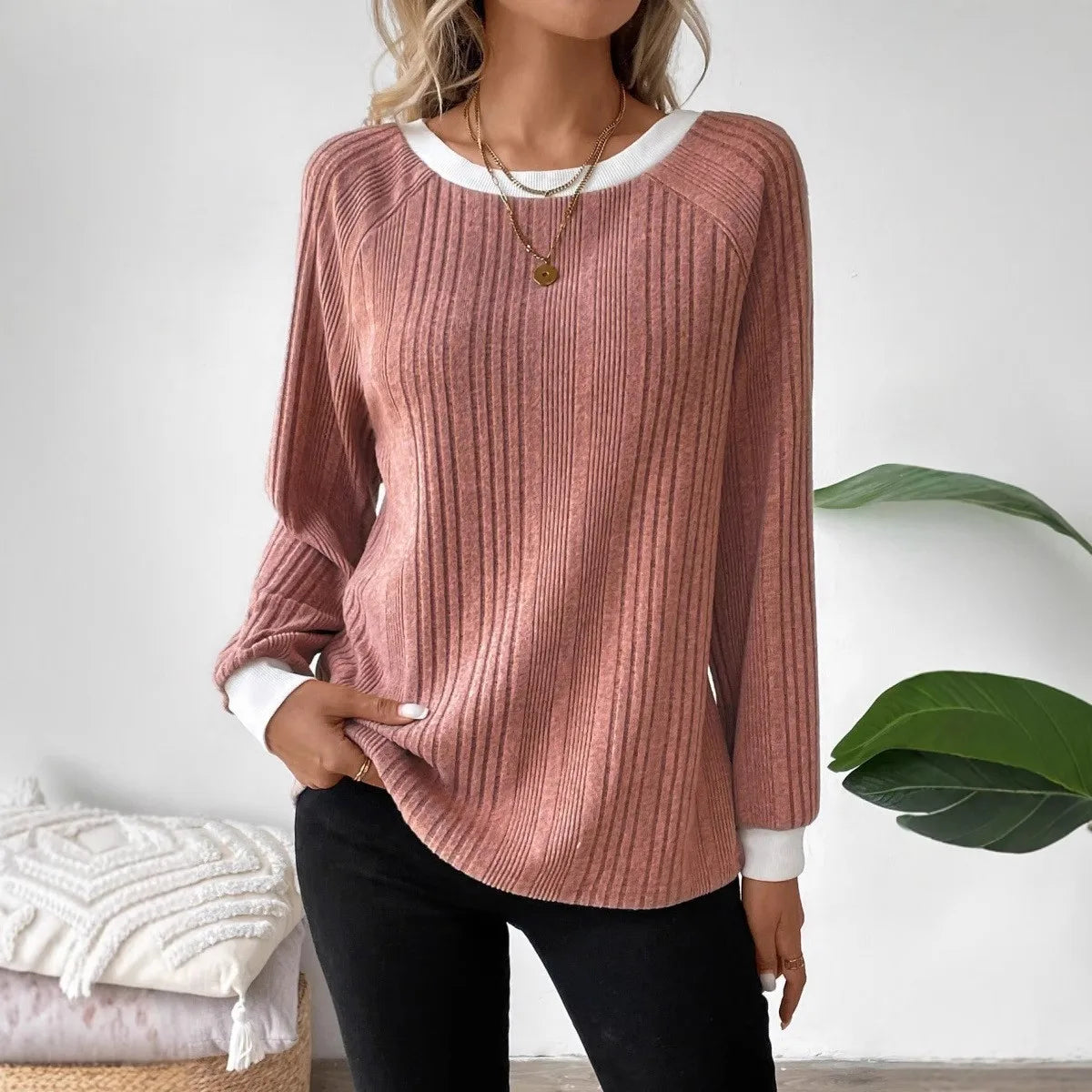 Fritza Coral Crew Neck Ribbed Knit Top
