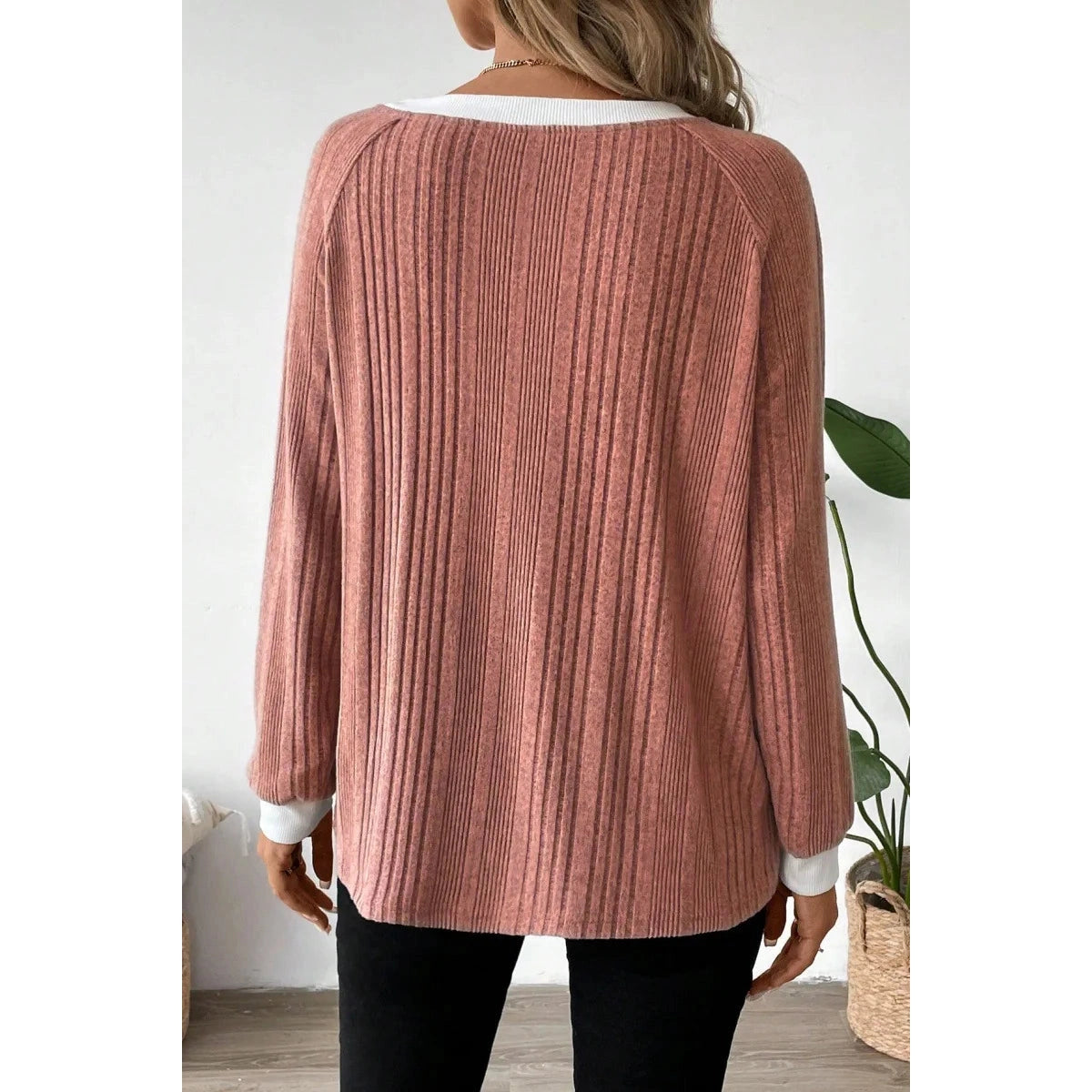 Fritza Coral Crew Neck Ribbed Knit Top