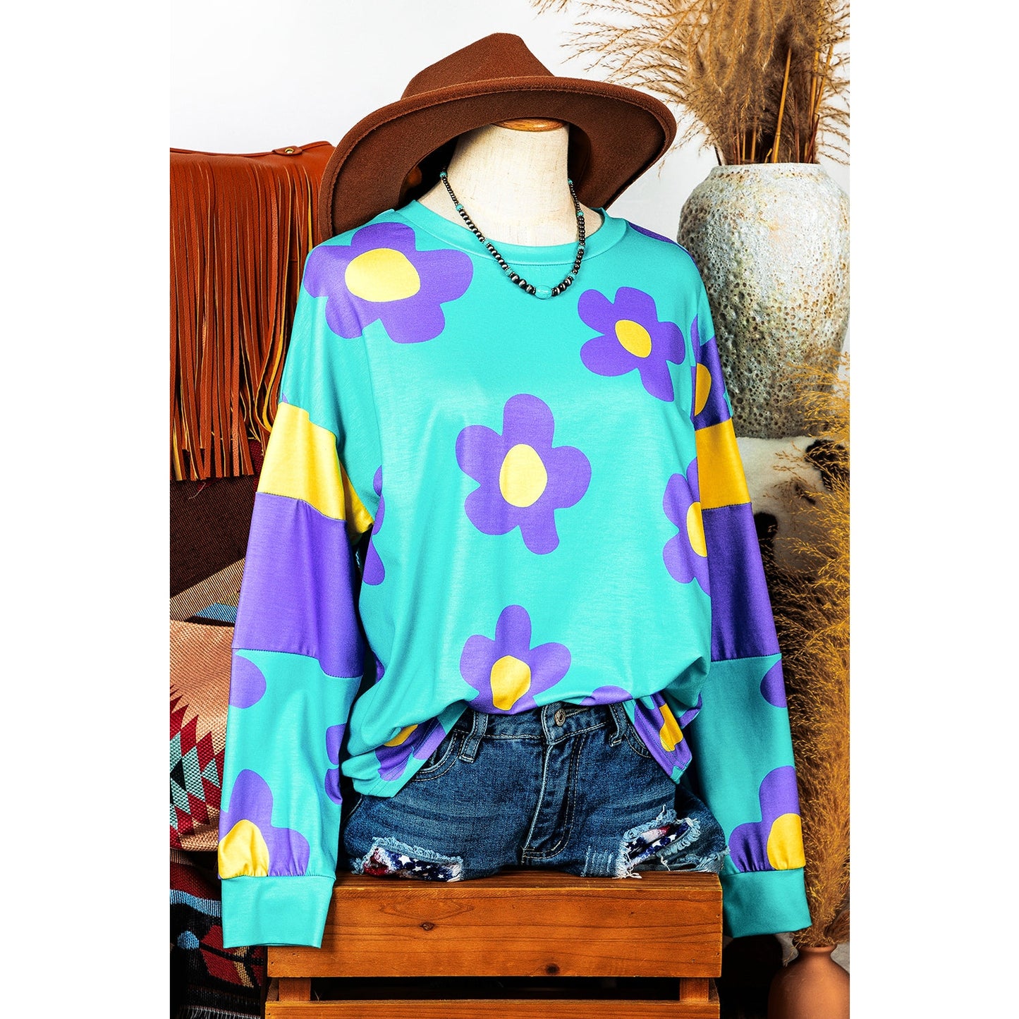 Ginette Floral Color Block Long Sleeve Loose Top
