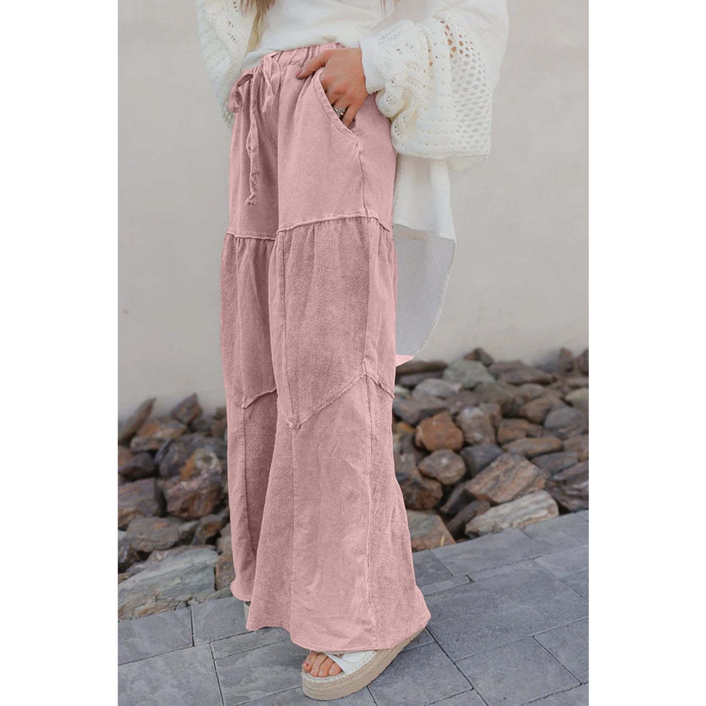 Gabby Pink Mineral Wash Tiered Wide Leg Patchwork Drawstring Pants