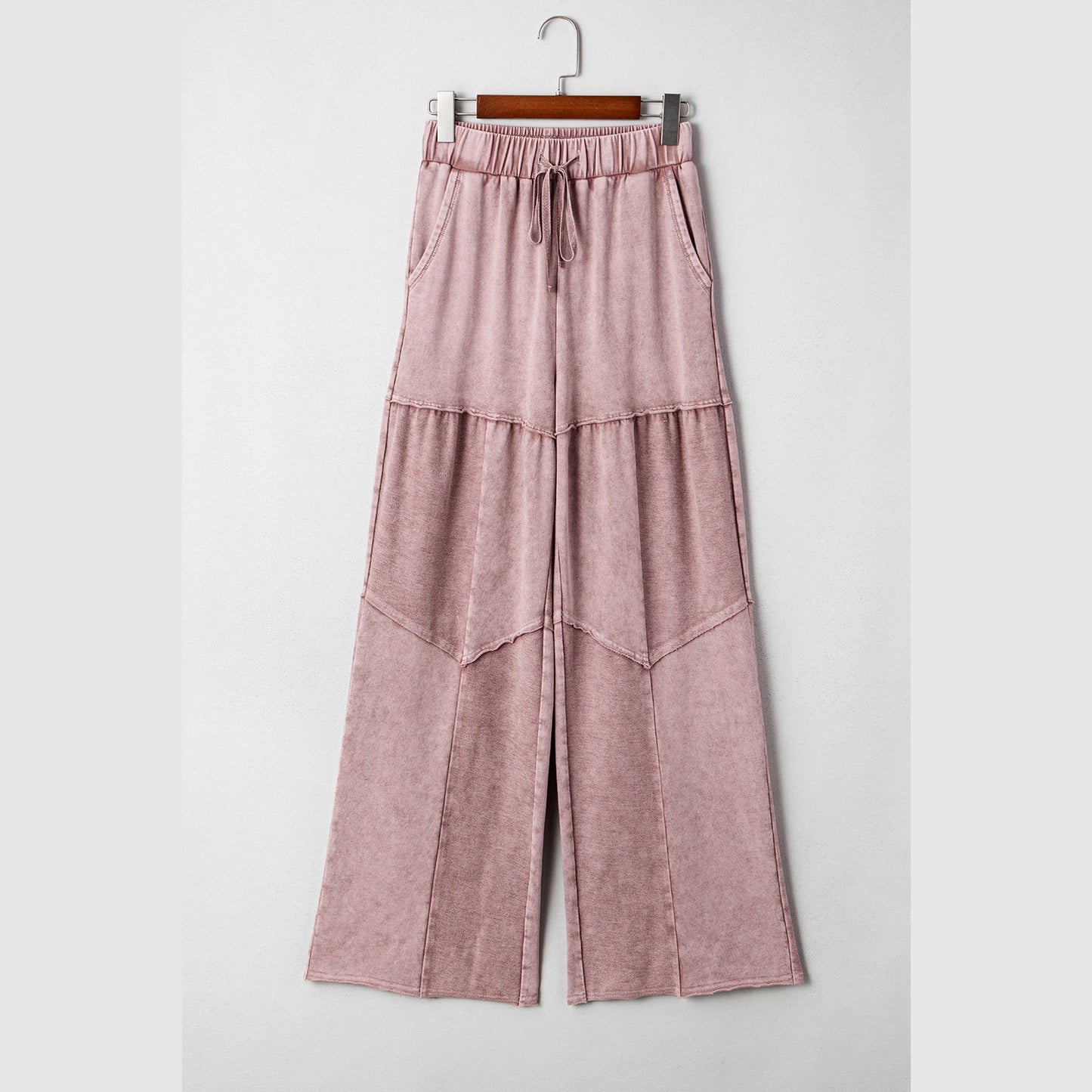 Gabby Pink Mineral Wash Tiered Wide Leg Patchwork Drawstring Pants