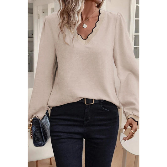 Geneva Contrast Scallop Trim V Neck Long Sleeve Blouse