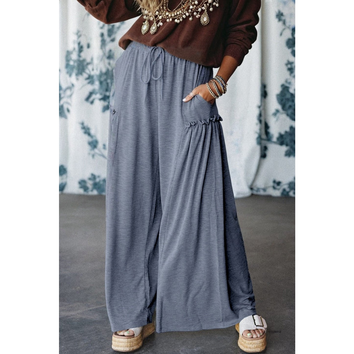 Gertrude Frilled Detail Wide Leg Drawstring Elastic Waistband Pants