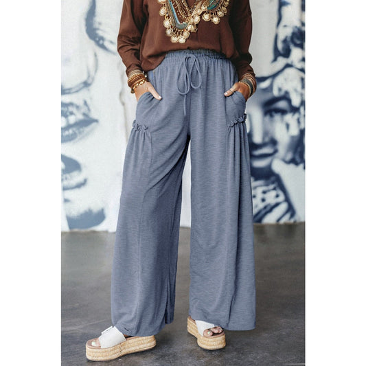 Gertrude Frilled Detail Wide Leg Drawstring Elastic Waistband Pants