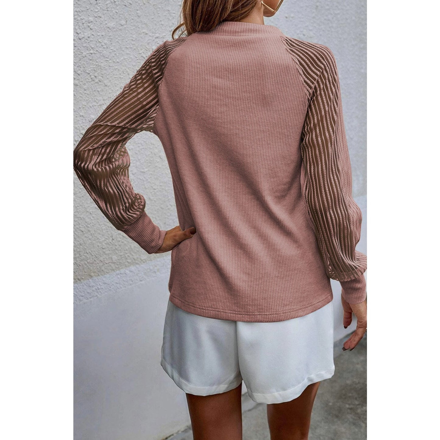 Gidgett Pink Striped Mesh Long Sleeve Crewneck Ribbed Top