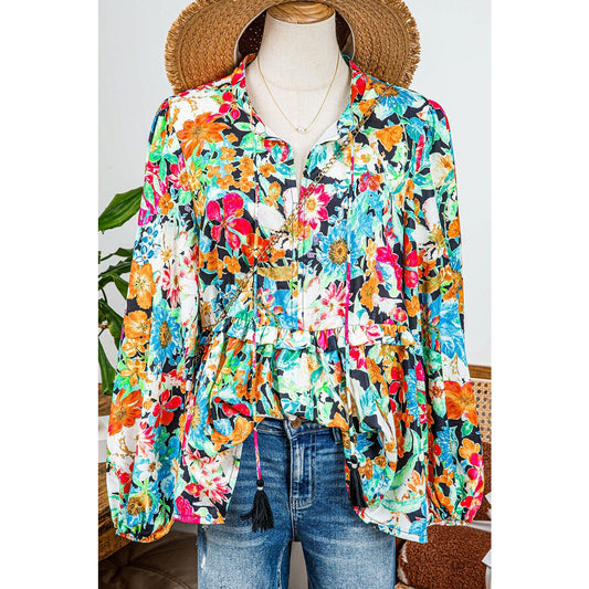 Gilda Multicolour Floral Print Bubble Sleeve V Neck Ruffled Blouse