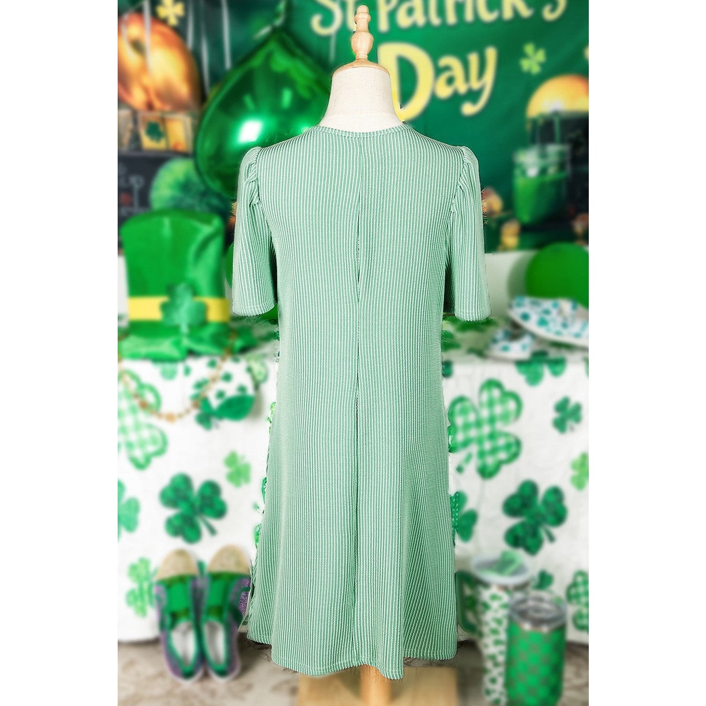 Gina Mint Green Corded Knit Crew Neck Puff Sleeve Shift Mini Dress