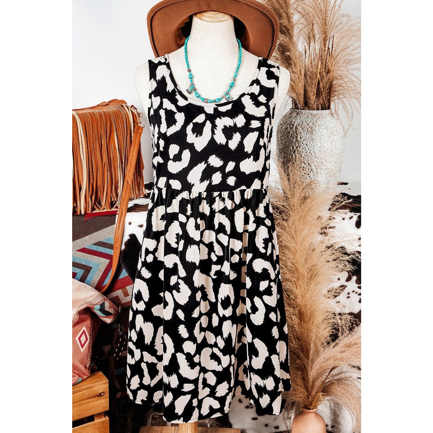 Ginnifer Black Leopard Print U Neck Sleeveless High Waist Dress
