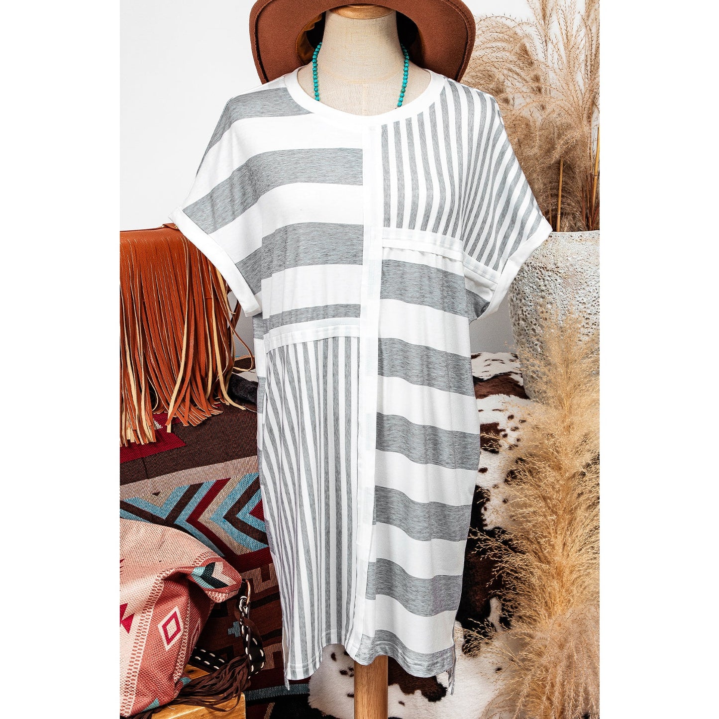Glendora Grey Stripe Mixed Printed Short Sleeve Shift Mini T Shirt Dress