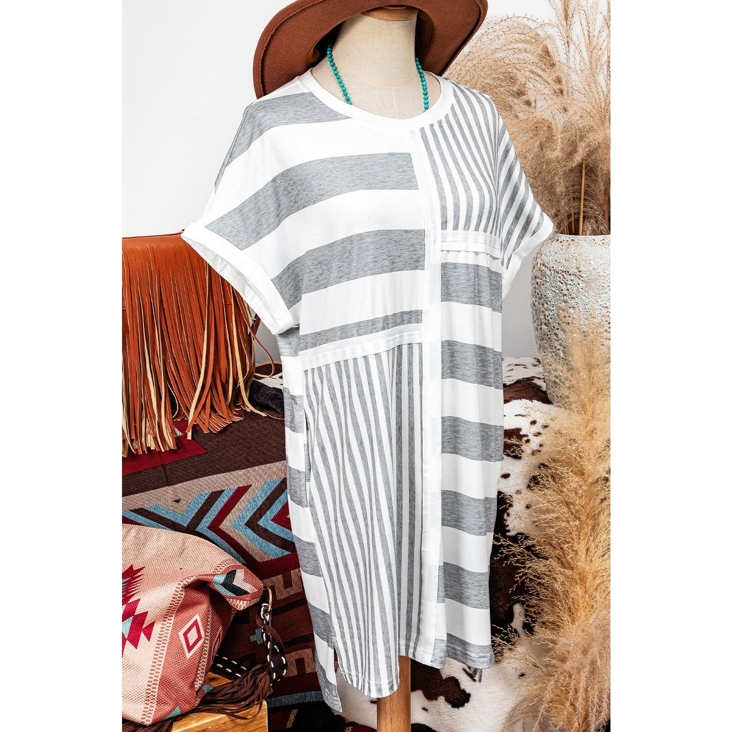Glendora Grey Stripe Mixed Printed Short Sleeve Shift Mini T Shirt Dress