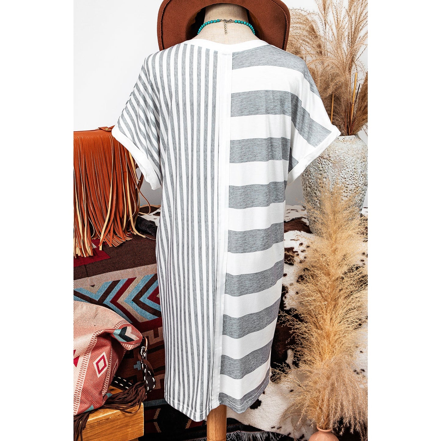 Glendora Grey Stripe Mixed Printed Short Sleeve Shift Mini T Shirt Dress
