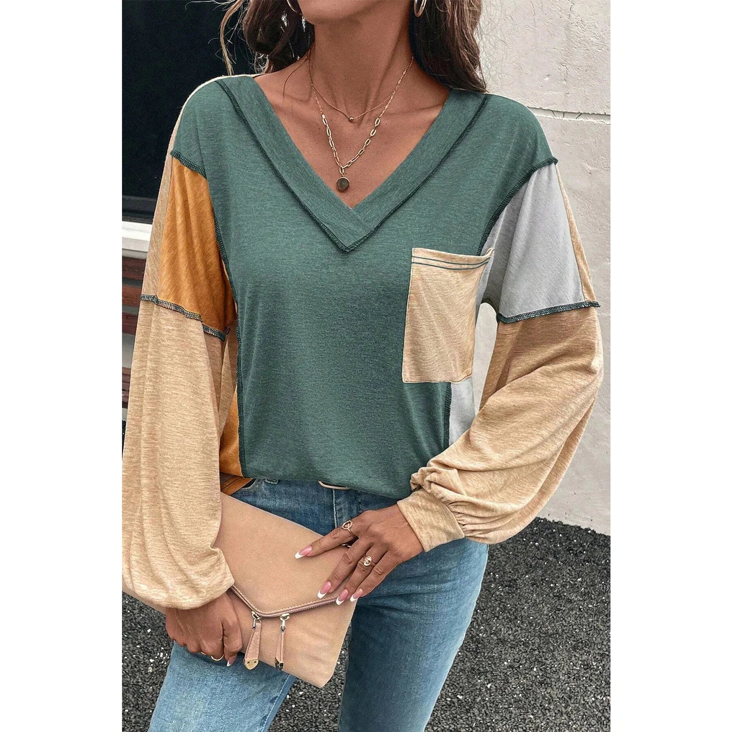 RTS Green Exposed Stitching Colorblock V Neck Long Sleeve Top