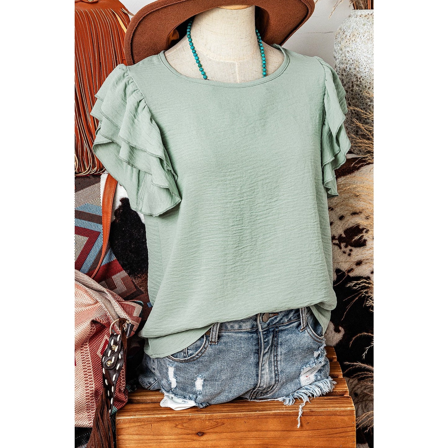 Madisyn Green Ruffled Short Sleeve Casual Blouse