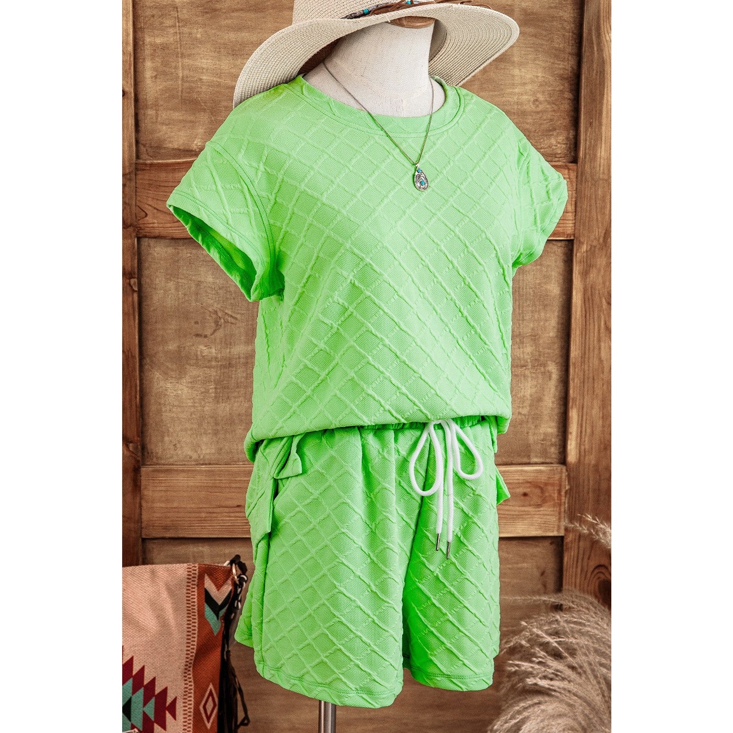Sommer Light Green Checkered Textured Tee and Drawstring Shorts
