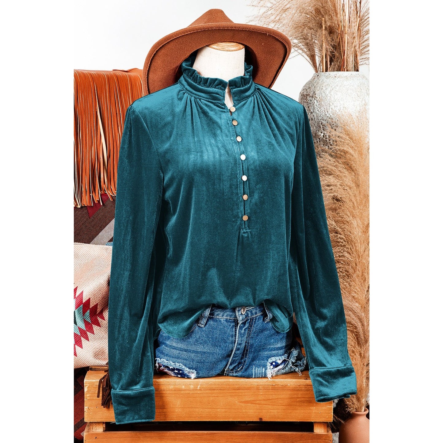 Evalyn Green Frilled Neck Buttoned Front Velvet Top