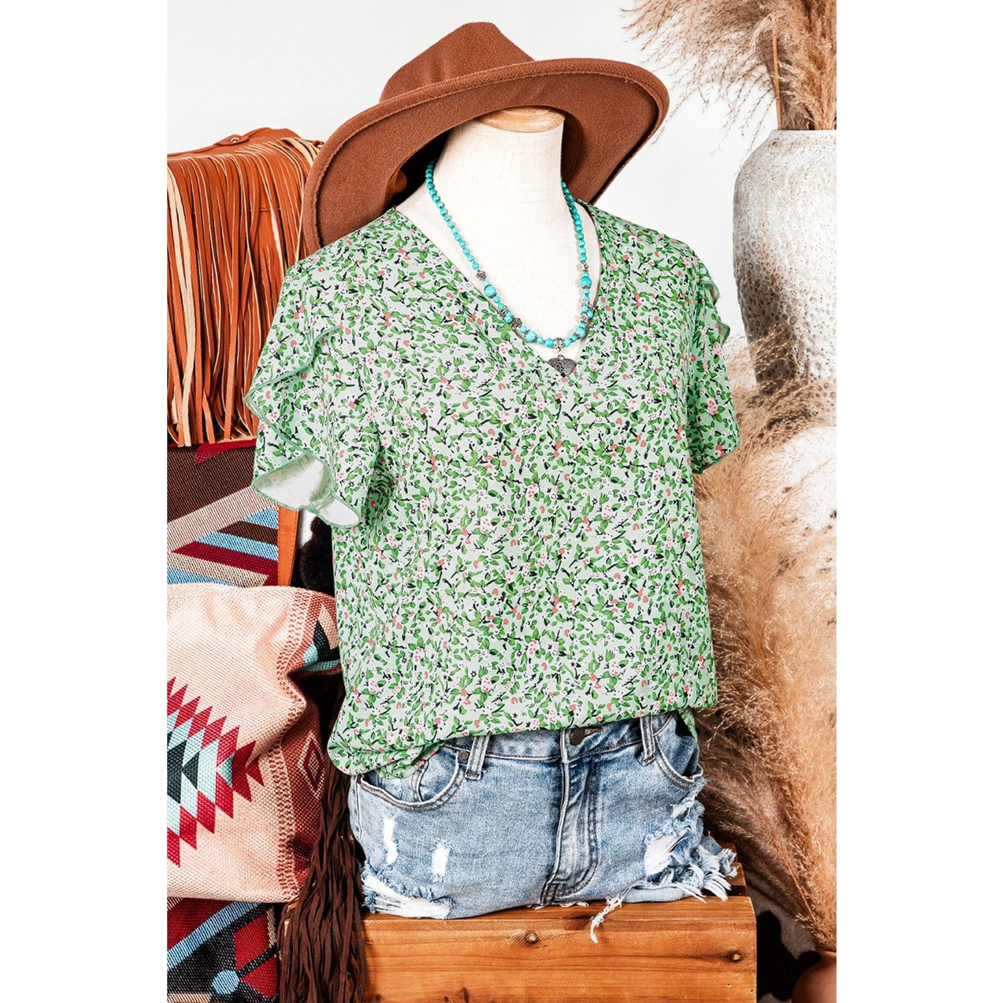 Terrilee Green Boho Floral V Neck Wrap Short Sleeve Blouse