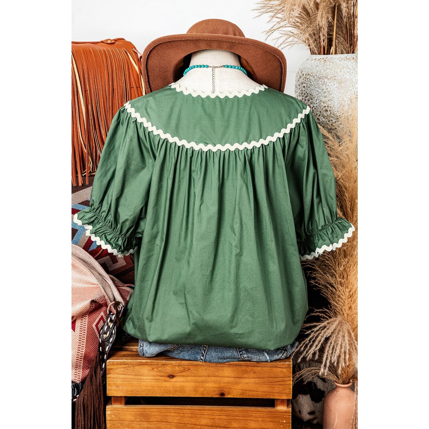 Blakely Green Ric Rac Trim Tie Split Neck Short Sleeve Blouse