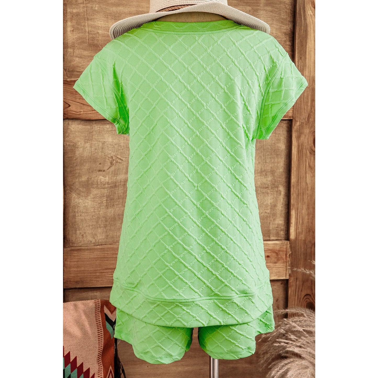 Sommer Light Green Checkered Textured Tee and Drawstring Shorts