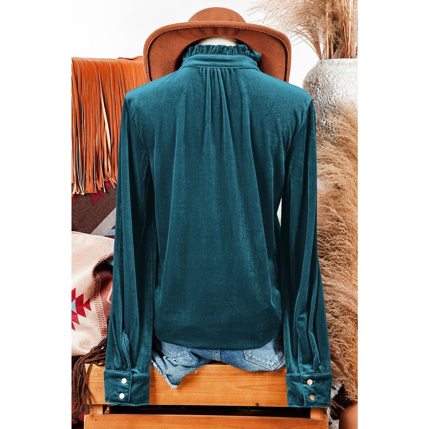 Evalyn Green Frilled Neck Buttoned Front Velvet Top