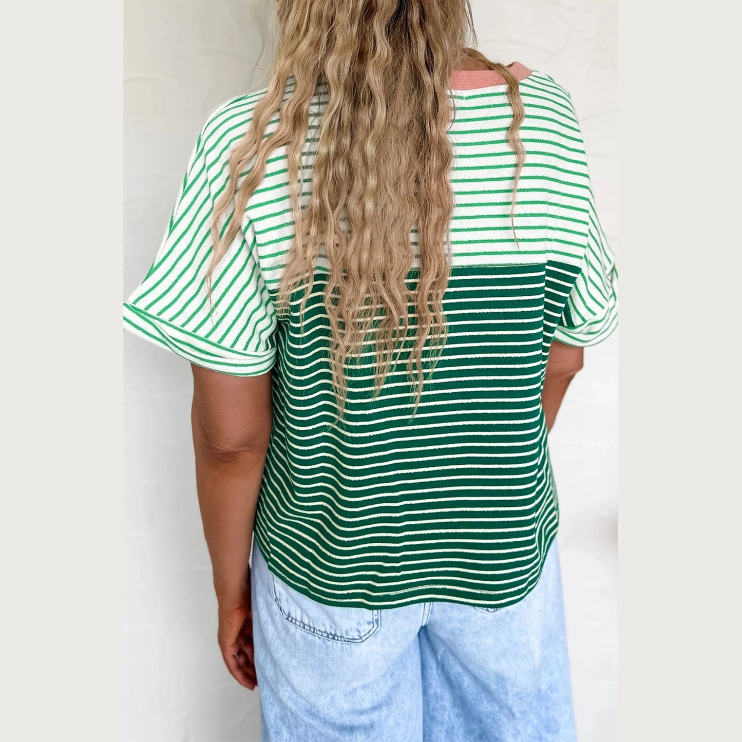 RTS Green Stripe Contrast Print Color Block Detail Relaxed Tee