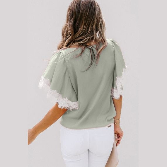 RTS Eryn Green Satin and Lace Top with Flutter Sleeves
