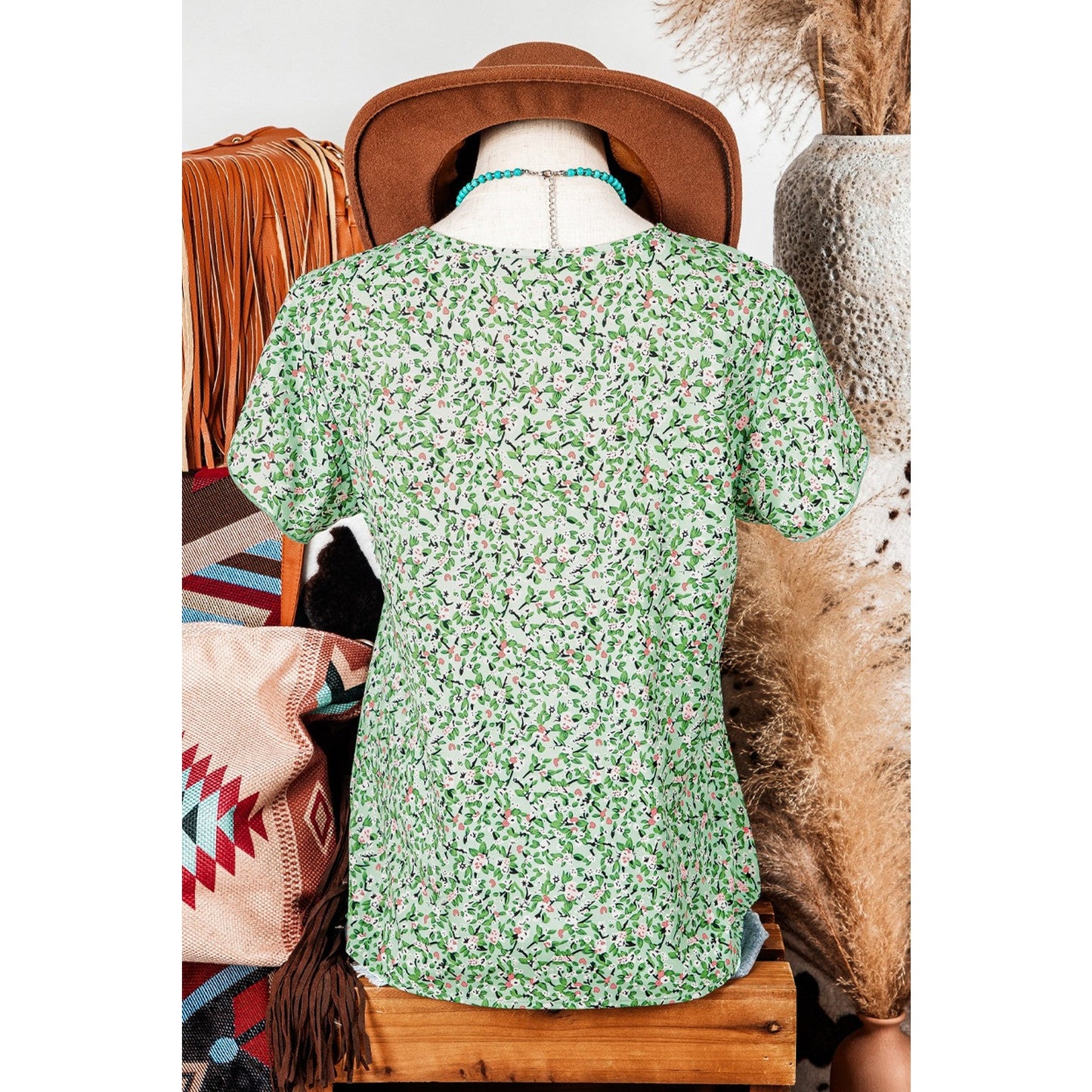 Terrilee Green Boho Floral V Neck Wrap Short Sleeve Blouse