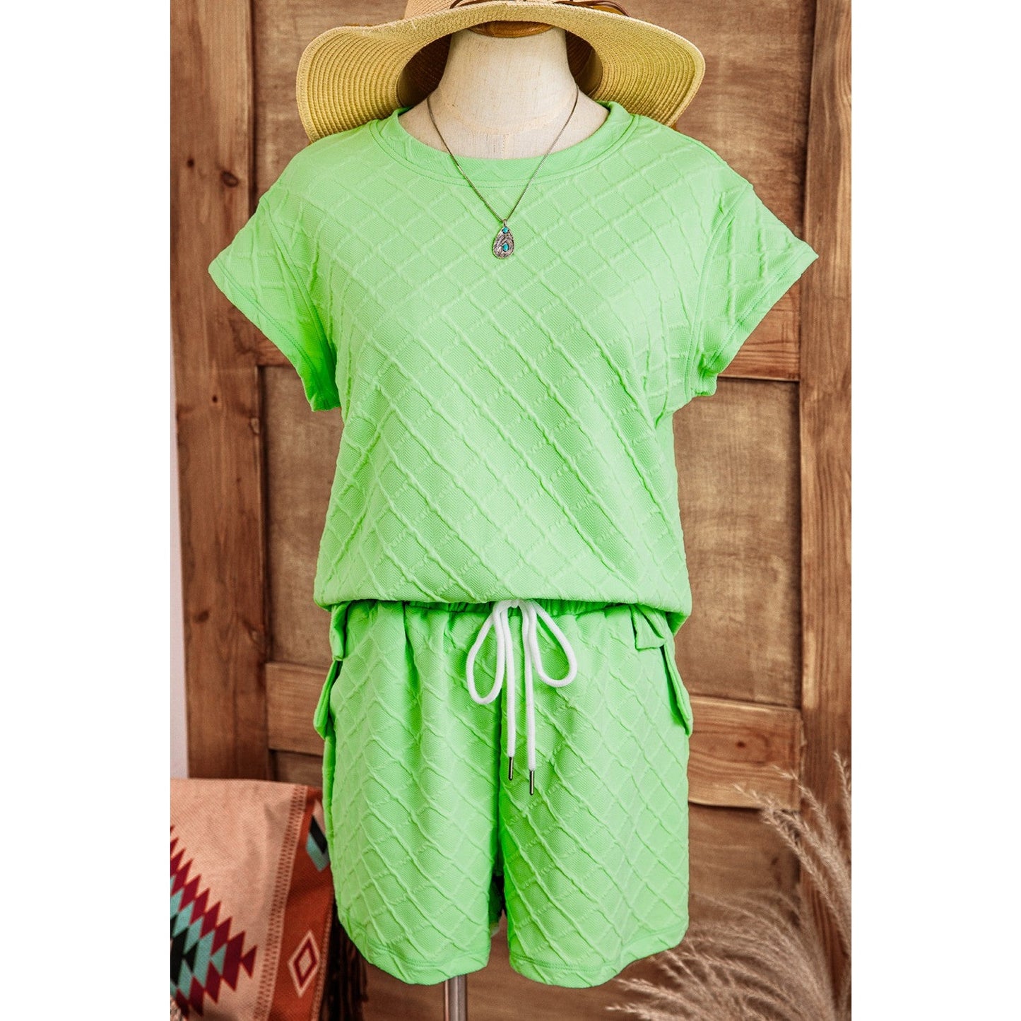 Sommer Light Green Checkered Textured Tee and Drawstring Shorts