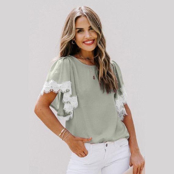 RTS Eryn Green Satin and Lace Top with Flutter Sleeves