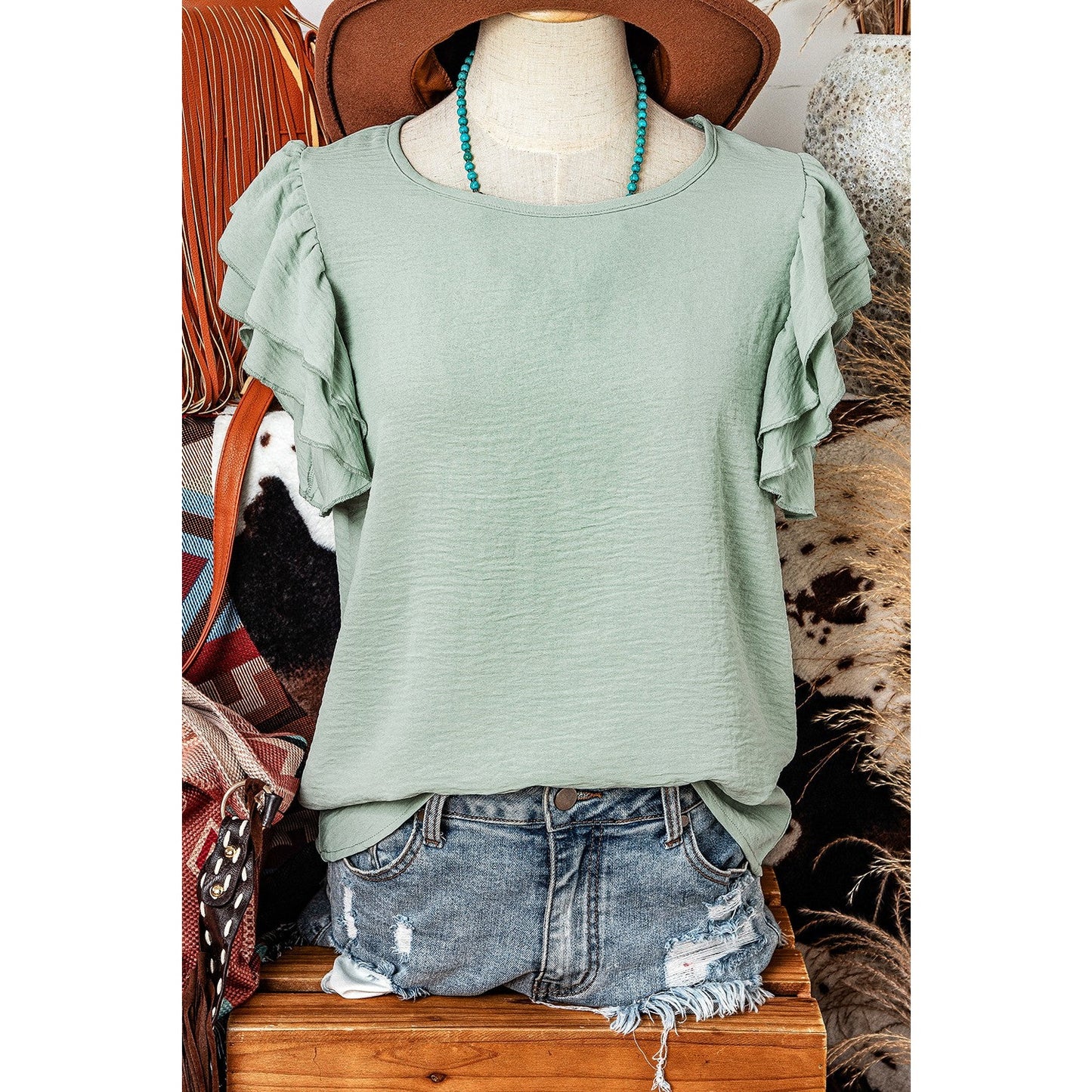 Madisyn Green Ruffled Short Sleeve Casual Blouse