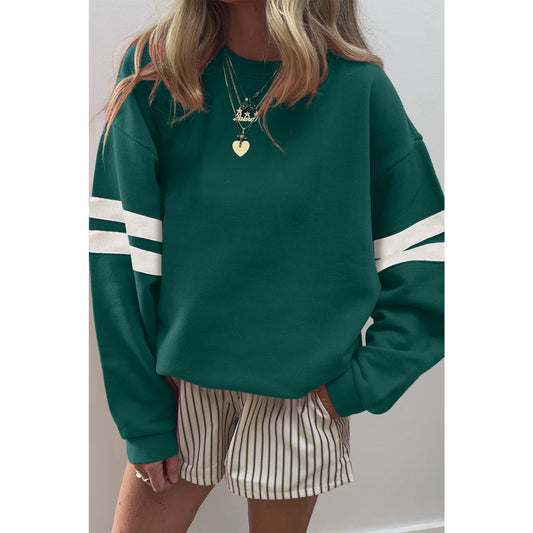 Green Varsity Striped Detail Drop Shoulder Oversized Sweatshirt